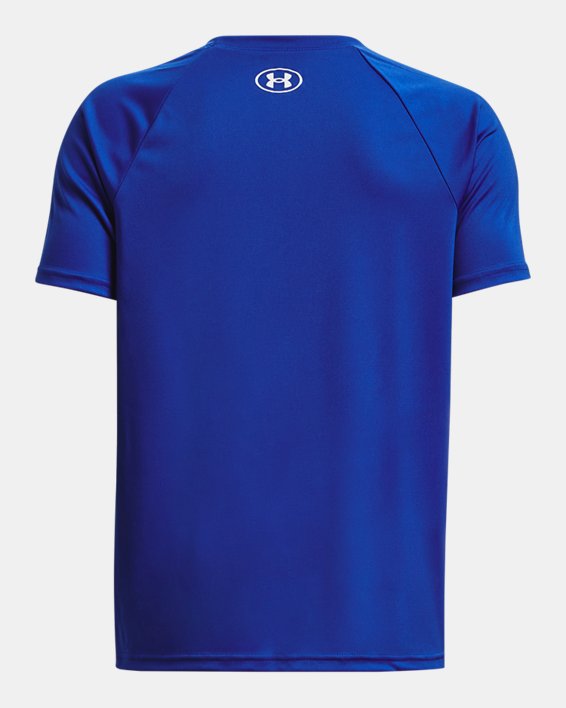 Boys' UA Tech™ Hybrid Print Fill Short Sleeve in Blue image number 1